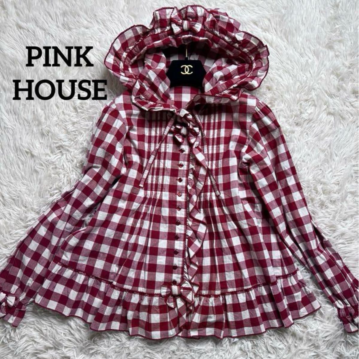 スペシャル特典 極美品 PINK HOUSE フード付き ブロックチェック リボン シャツ+ブラウス(長袖+七分)