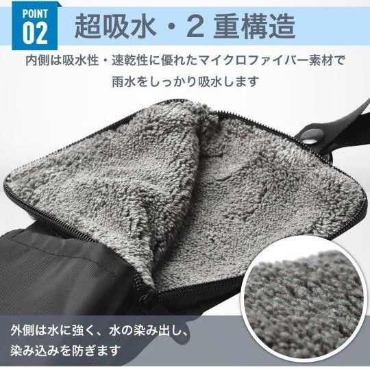 2個セット ポケット 肩掛け紐 付き 超吸水 2重構造 傘カバー グレー M 