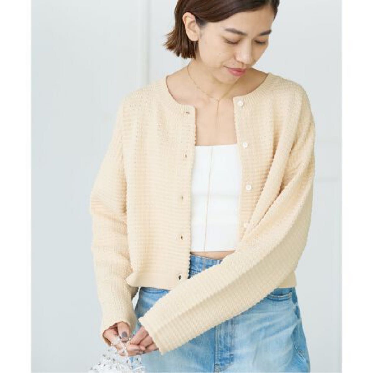 24SS 美品】IENA ニットショートカーディガン たまご色 バター 24SS 美品】IENA ニットショートカーディガン たまご色 バター