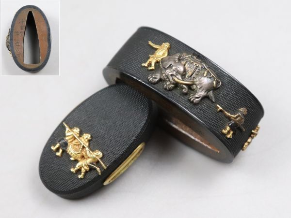 時代武具 刀装具 銘 晴雲堂 堀江興成 赤銅魚々子地 金銀象嵌 象 時代武具 刀装具 銘 晴雲堂 堀江興成 赤銅魚々子地 金銀象嵌 象