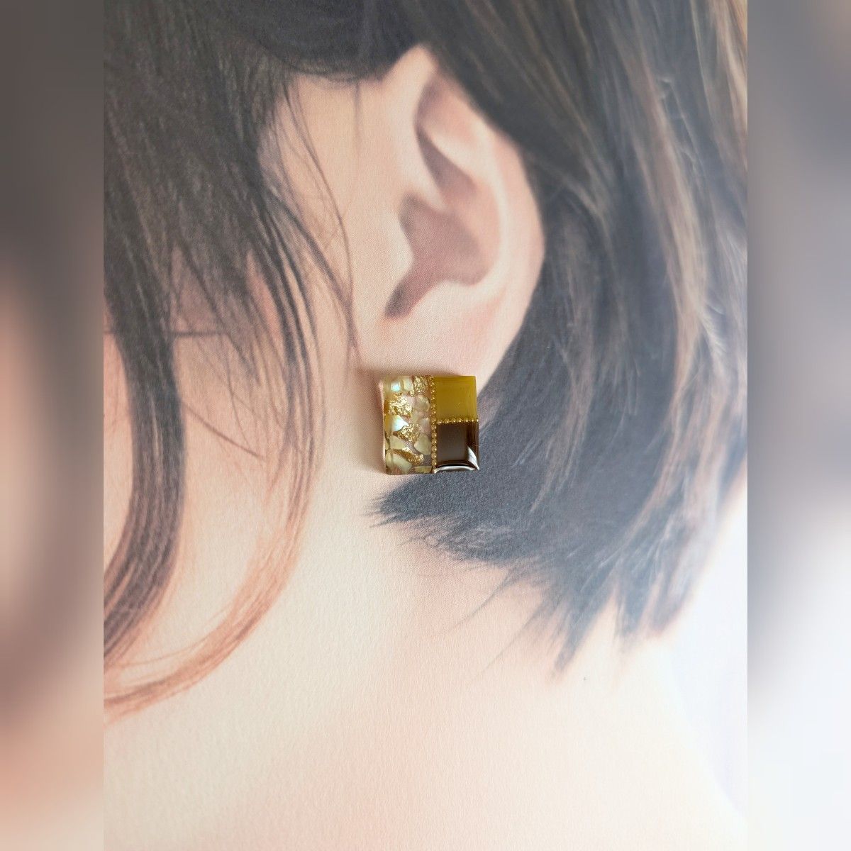 バイカラー スクエア ピアス イヤリング