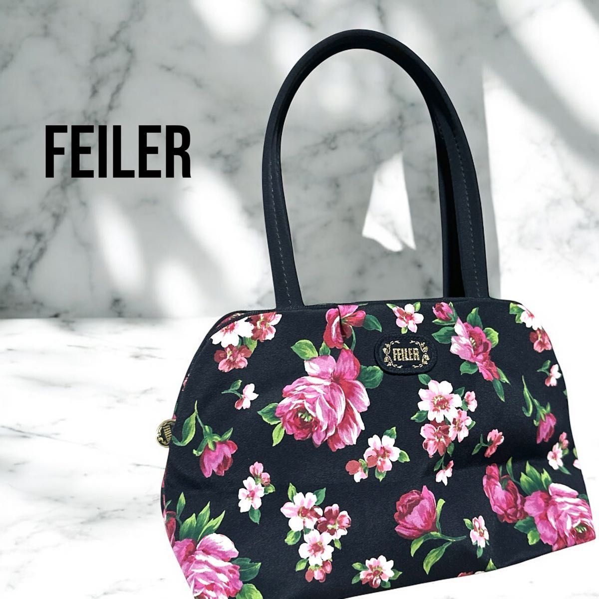 FEILER フェイラー バラ柄 フラワー ミニ トートバッグ ブラック FEILER フェイラー バラ柄 フラワー ミニ トートバッグ ブラック