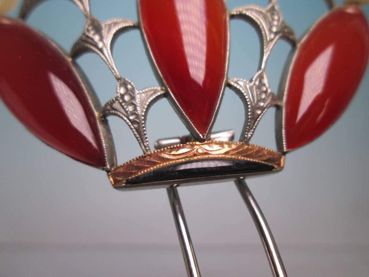 【江月】アンティーク・彫金細工 本瑪瑙/本真珠飾り 王冠のかんざし ケース付_画像5