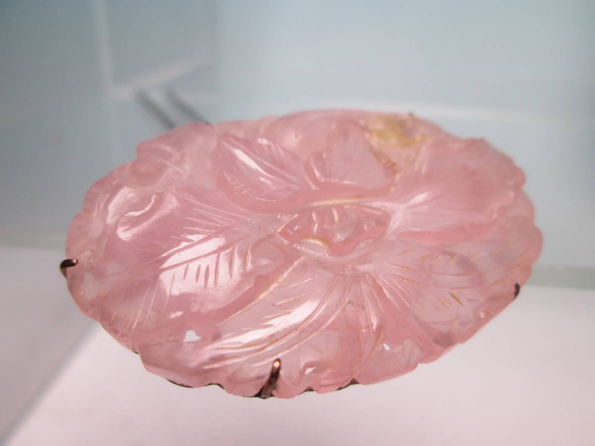 【江月】アンティーク・紅水晶ローズクォーツ花彫刻のかんざし 15,88g_画像3