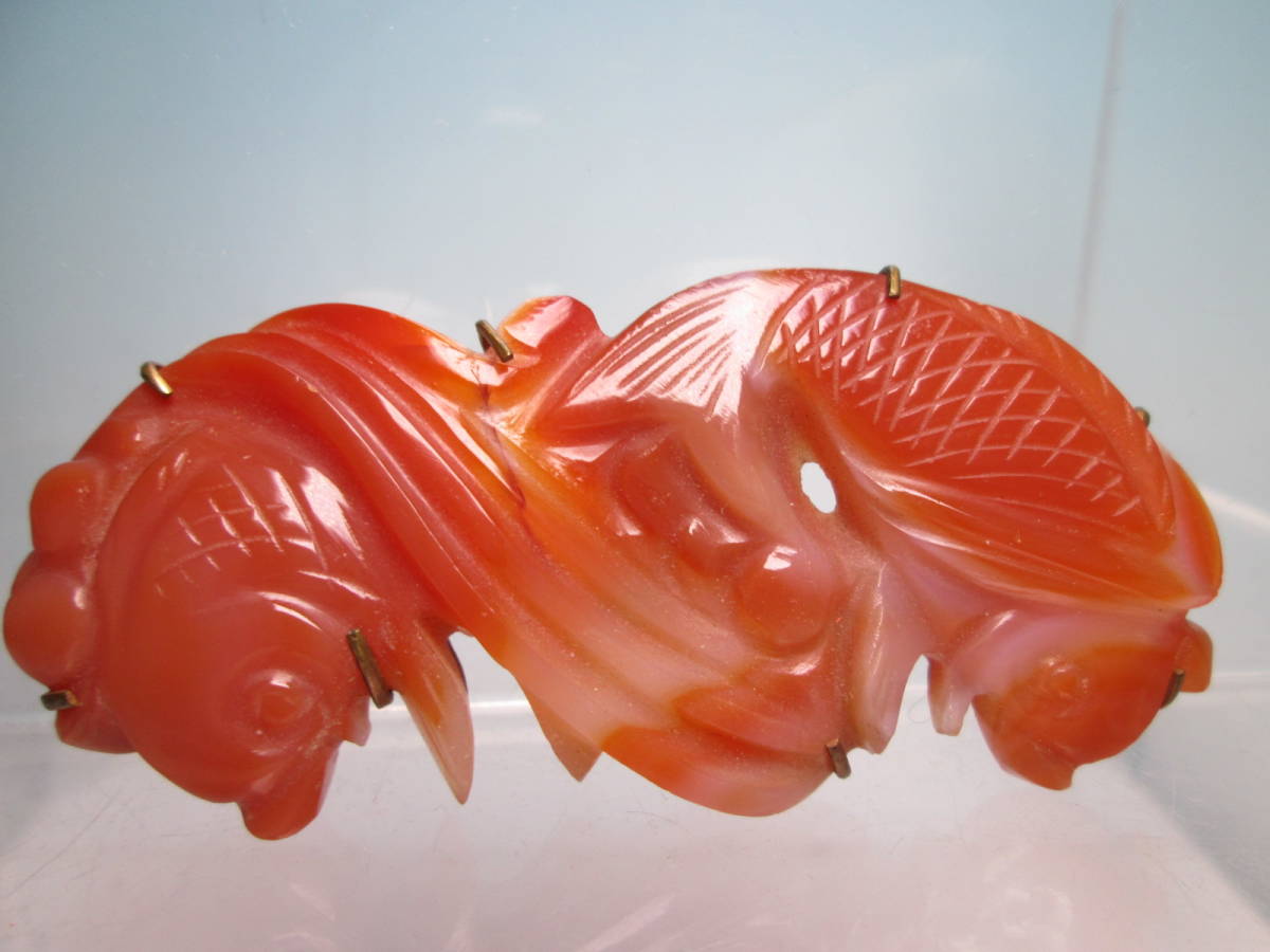 【江月】アンティーク・本瑪瑙大振りな7,3cm金魚2匹彫刻帯留め 29,74g