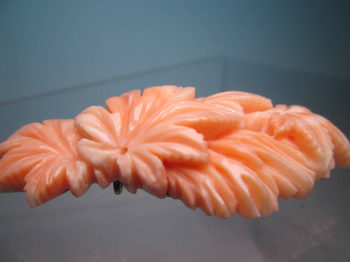 【江月】アンティーク・本珊瑚 6,15cm 紅葉彫刻の帯留め 23,17g_画像8