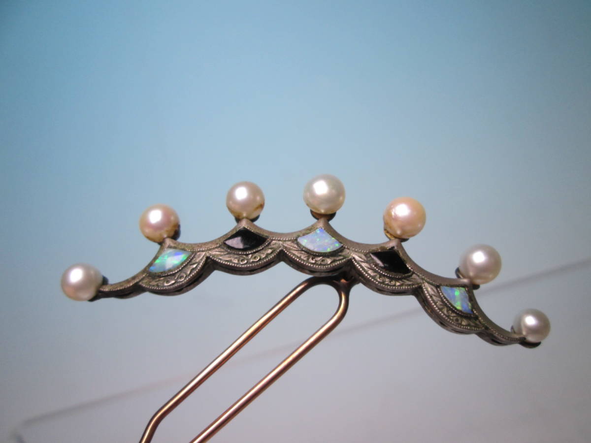 【江月】アンティーク・K9 彫金オパール＆オニキス真珠飾りのかんざし 6,27g 共ケース付_画像3