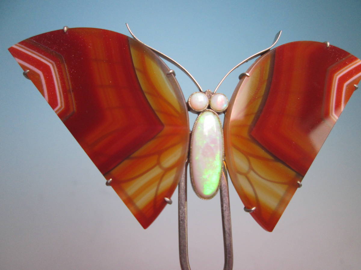 【江月】アンティーク・オパール/縞瑪瑙の素晴らしい蝶かんざし 20,93g 共ケース付