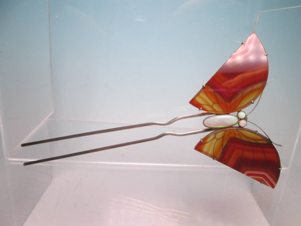 江月 アンティーク オパール&縞瑪瑙の素晴らしい蝶かんざし 20 93g 共 