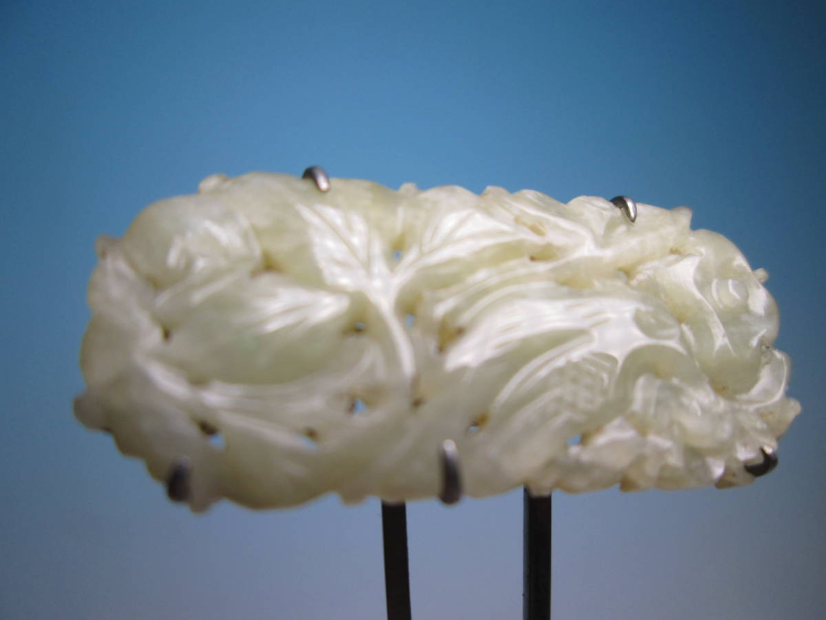 【江月】☆アンティーク・白砡 花に鳥透かし彫り彫刻のかんざし 5,8g