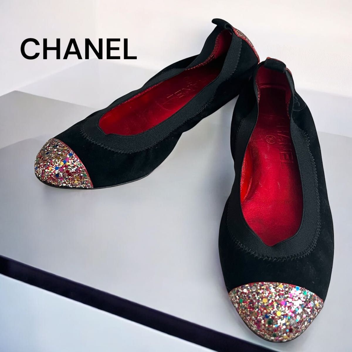 美品 CHANEL シャネル グリッター バレリーナシューズ ブラック 美品 CHANEL シャネル グリッター バレリーナシューズ ブラック