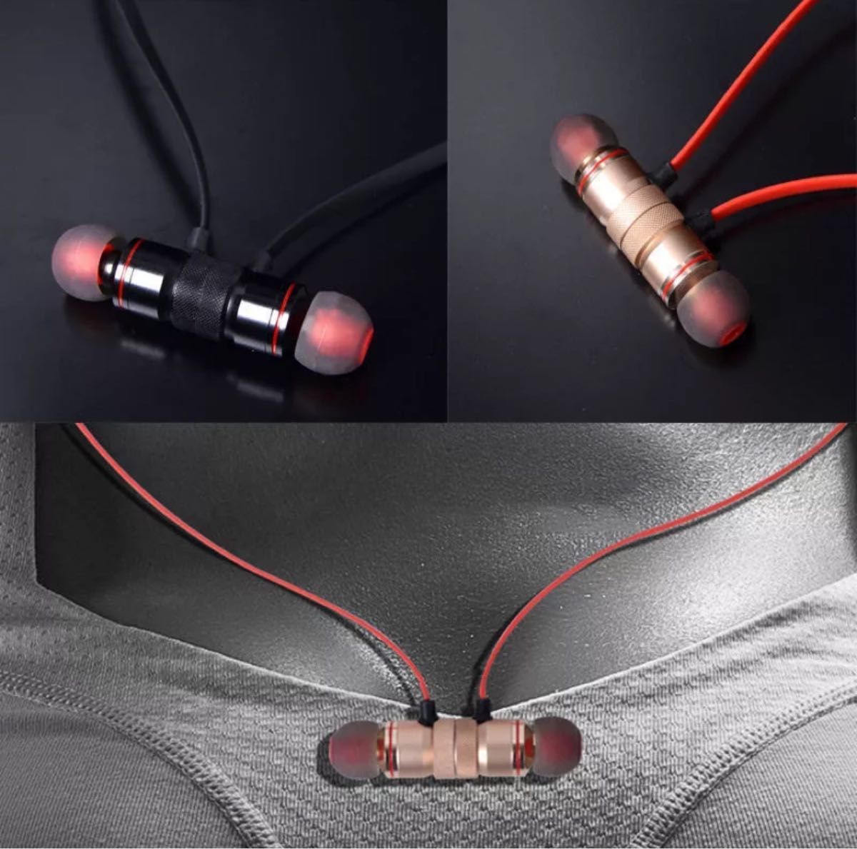 ワイヤレスイヤホン ブルートゥース　ヘッドセット　磁気吸着　スポーツ レッド　Bluetooth イヤホン イヤホンワイヤレス