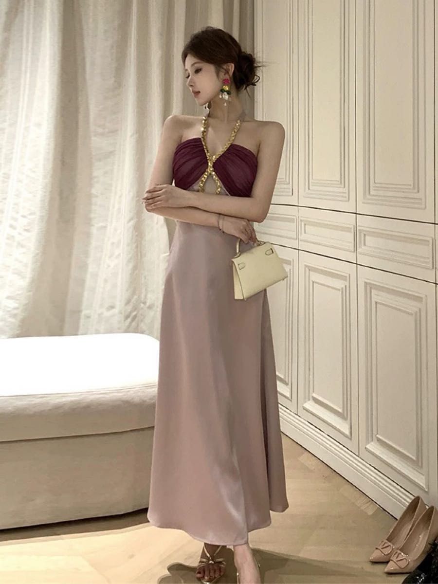 *HALSTON* サテンホルターネックドレス ワンピース キャバドレス ホルターネック 谷間見せ 光沢サテン ロング丈