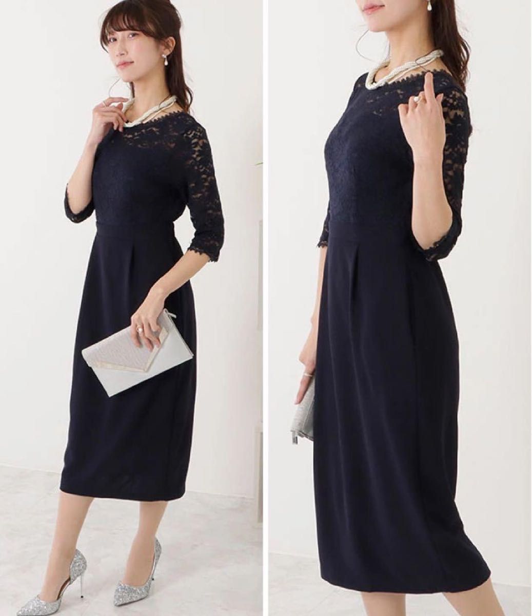 LACE LADIES 五分袖サテンレース ワンピースドレス ネイビー LACE LADIES 五分袖サテンレース ワンピースドレス ネイビー
