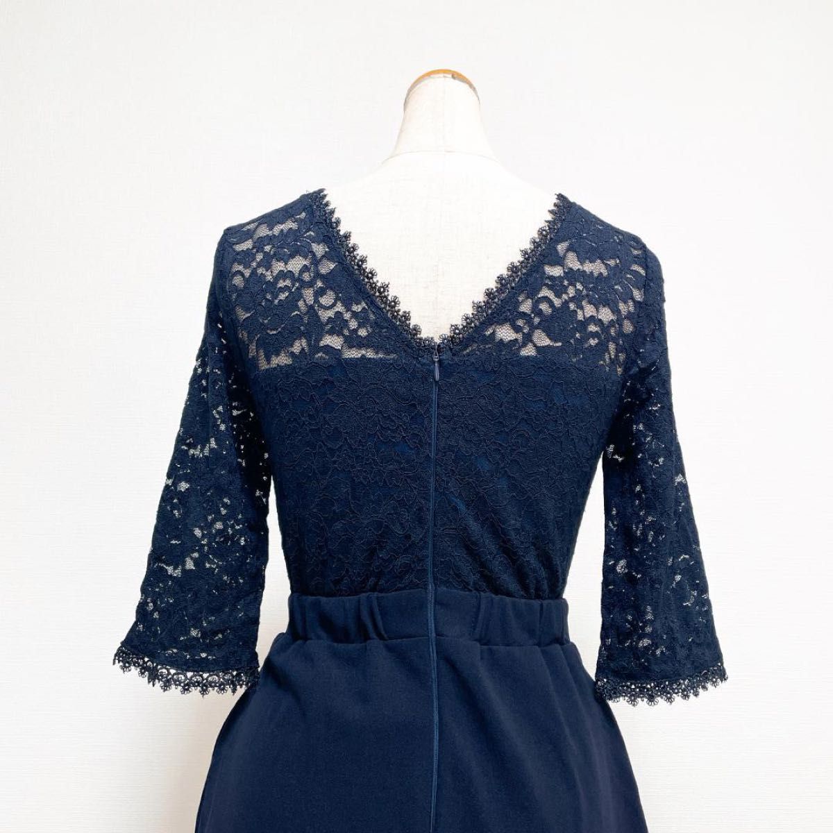 LACE LADIES 五分袖サテンレース ワンピースドレス ネイビー LACE LADIES 五分袖サテンレース ワンピースドレス ネイビー