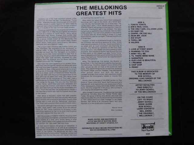 The Mellokings/Greatest Hits 　50'sホワイト・ドゥ―ワップ・グループ　ヒット「Tonite Tonite」をフィーチャーしたコンピ、レアUS盤_画像2
