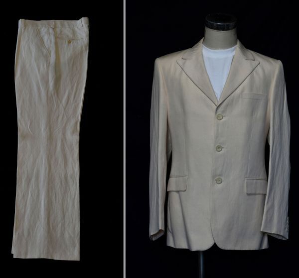 ★美品★GIANNI VERSACE★ヴェルサーチ★高級シルク絹リネン麻ピークドラペルのジャケット＆パンツ★モテるアイボリ白の一流のスーツ48春夏