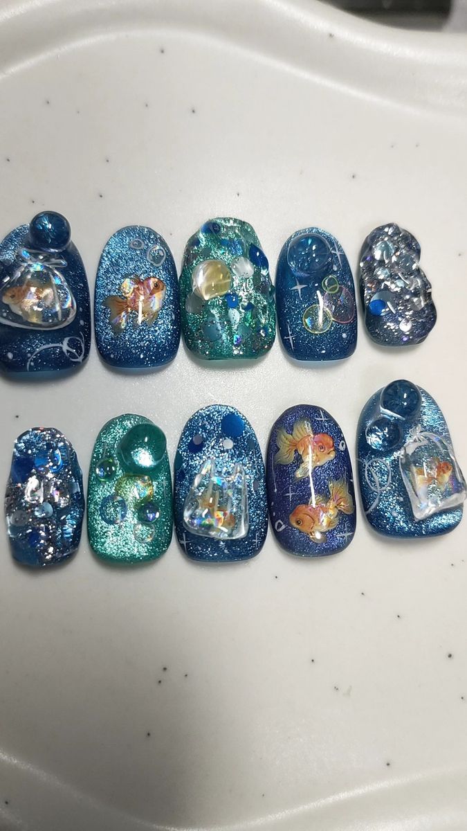 ネイルチップ現品ショートオーバル 金魚ネイル ブルーネイル マグネットネイル 個性派ショートアート 金魚すくい 夏まつり