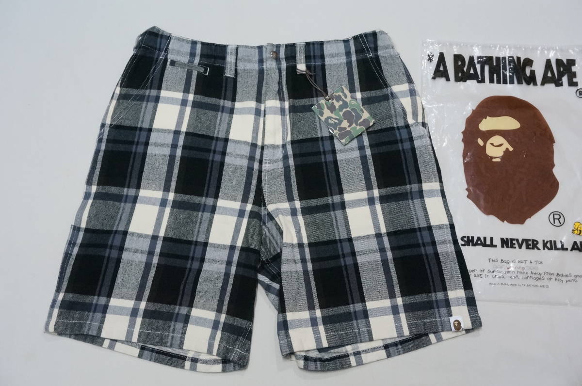 A BATHING APE★国内正規品 ア ベイシング エイプ チェック ショーツ ショート パンツ サイズL ブラック ベージュ/BAPE ベイプ_画像1