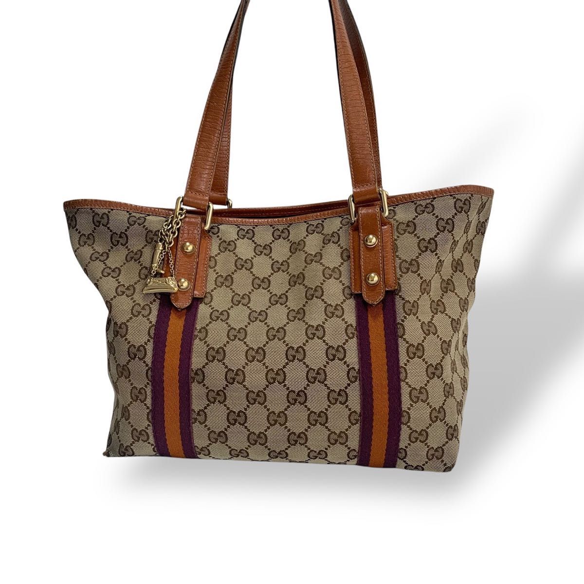 GUCCI トートバッグ GG キャンバス レザー シェリーライン チャーム付き 希少カラー グッチ GUCCI トートバッグ ハンドバッグ シェリー