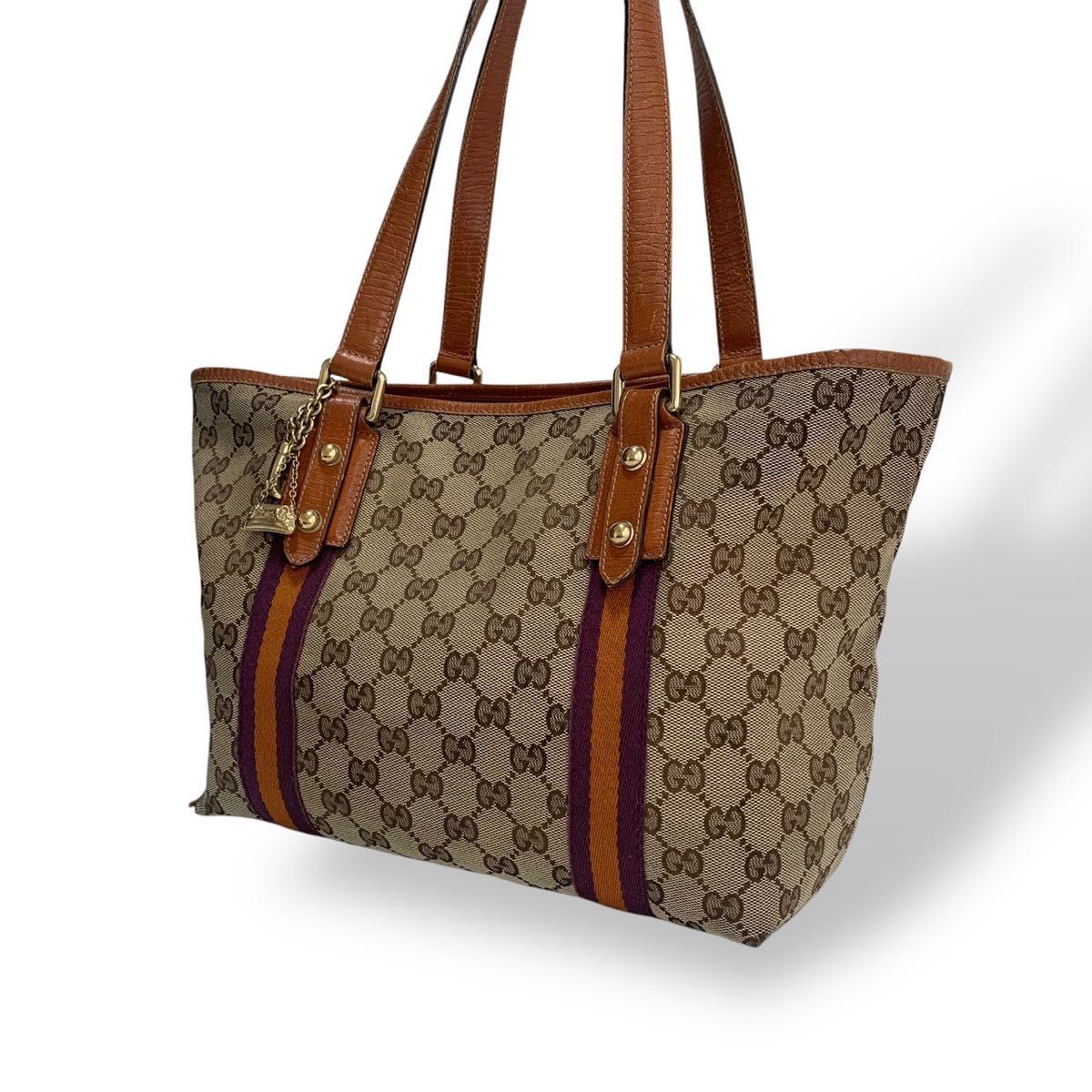 GUCCI トートバッグ GG キャンバス レザー シェリーライン チャーム付き 希少カラー グッチ GUCCI トートバッグ ハンドバッグ シェリー