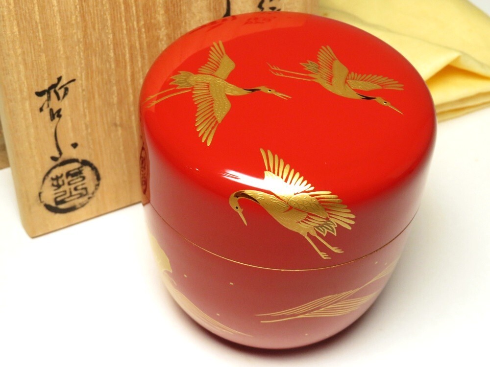 【9848】明治~大正 茶道具 鶴蒔絵 利休棗 作有り(初品・買取品) 棗