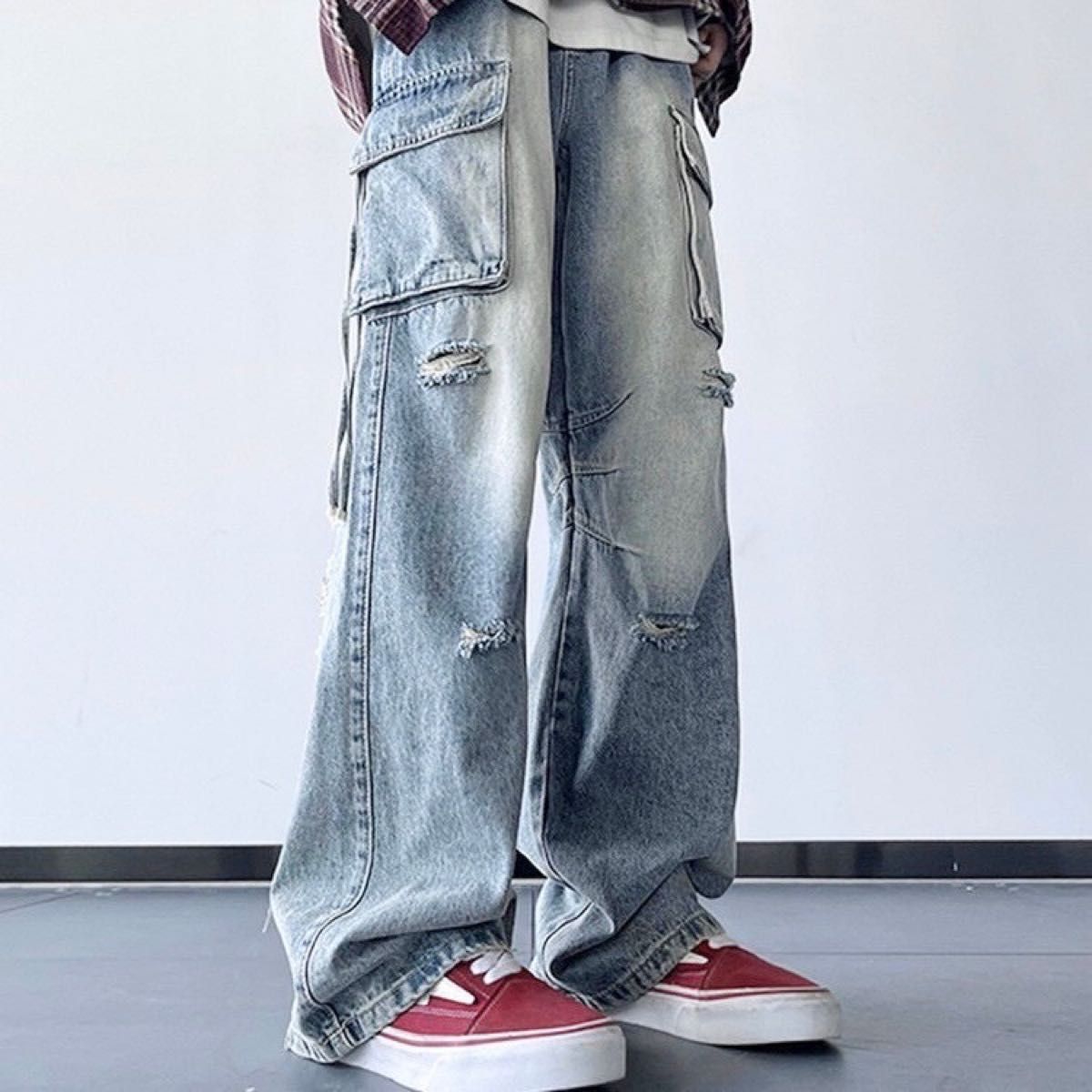 メンズダメージデニムワイドパンツジーパンおしゃれ春夏 デニム メンズ パンツ ジーパン ワイド ダメージ ダボダボ