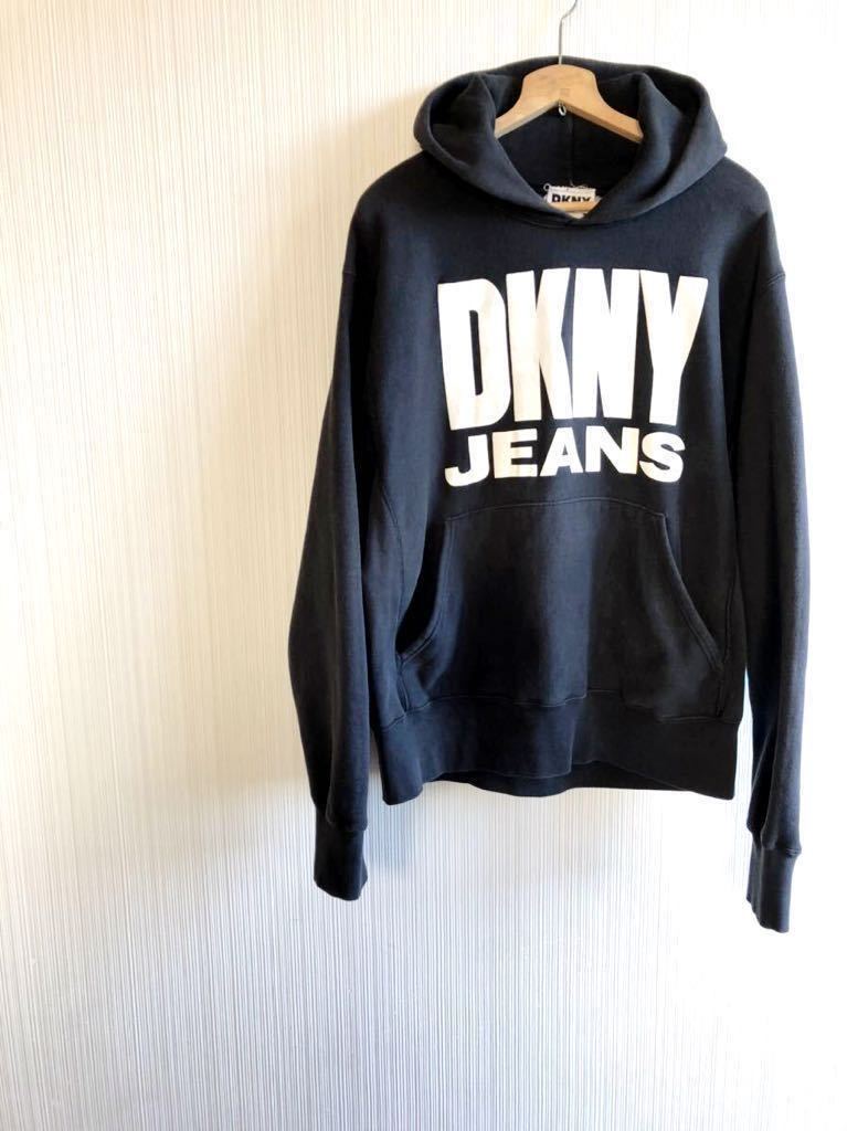 ☆★90s USA製 VINTAGE DKNY ダナキャラン ビッグロゴ プリント プルオーバー スウェットパーカー 黒 ブラック オールド ビンテージ☆★