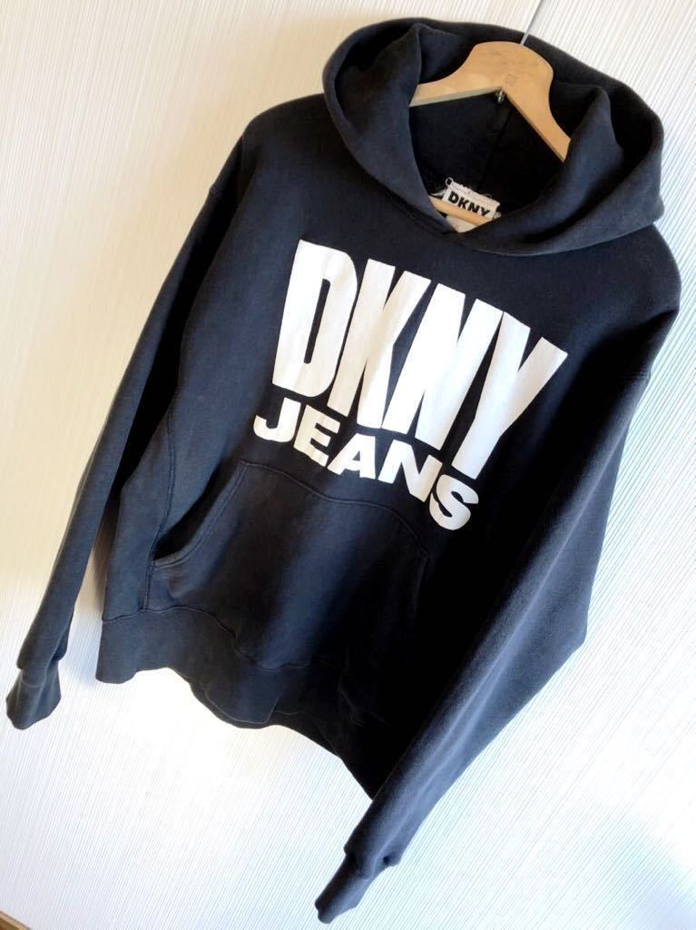 ☆★90s USA製 VINTAGE DKNY ダナキャラン ビッグロゴ プリント プルオーバー スウェットパーカー 黒 ブラック オールド ビンテージ☆★