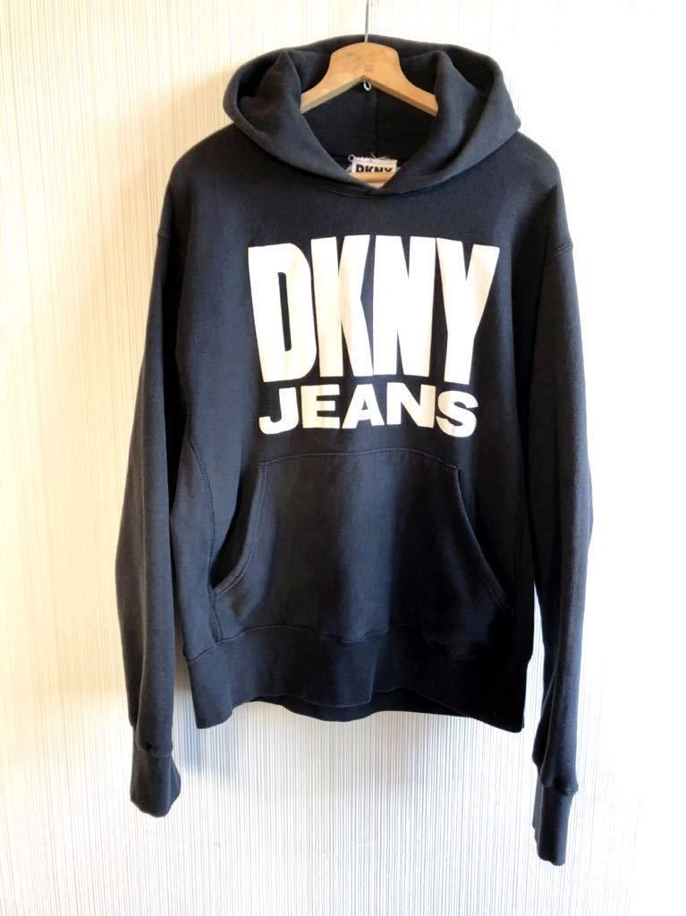 ☆★90s USA製 VINTAGE DKNY ダナキャラン ビッグロゴ プリント プルオーバー スウェットパーカー 黒 ブラック オールド ビンテージ☆★