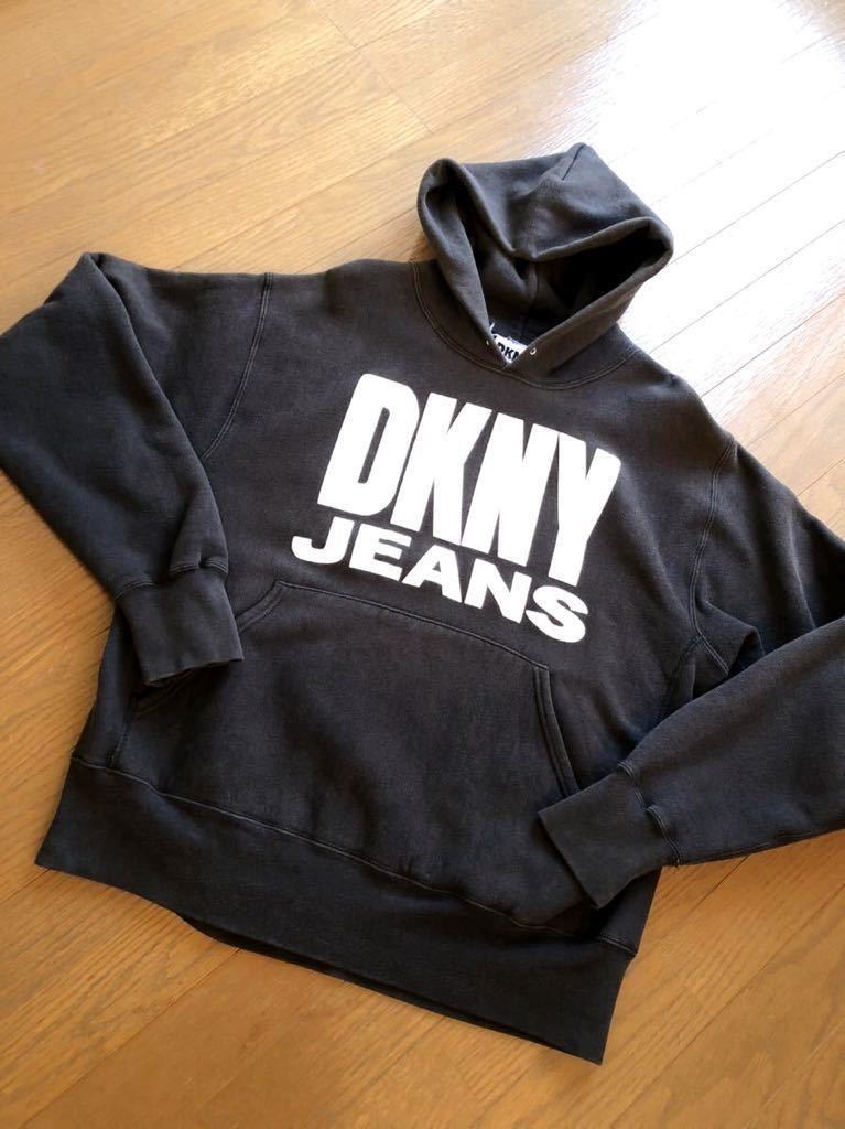 ☆★90s USA製 VINTAGE DKNY ダナキャラン ビッグロゴ プリント プルオーバー スウェットパーカー 黒 ブラック オールド ビンテージ☆★