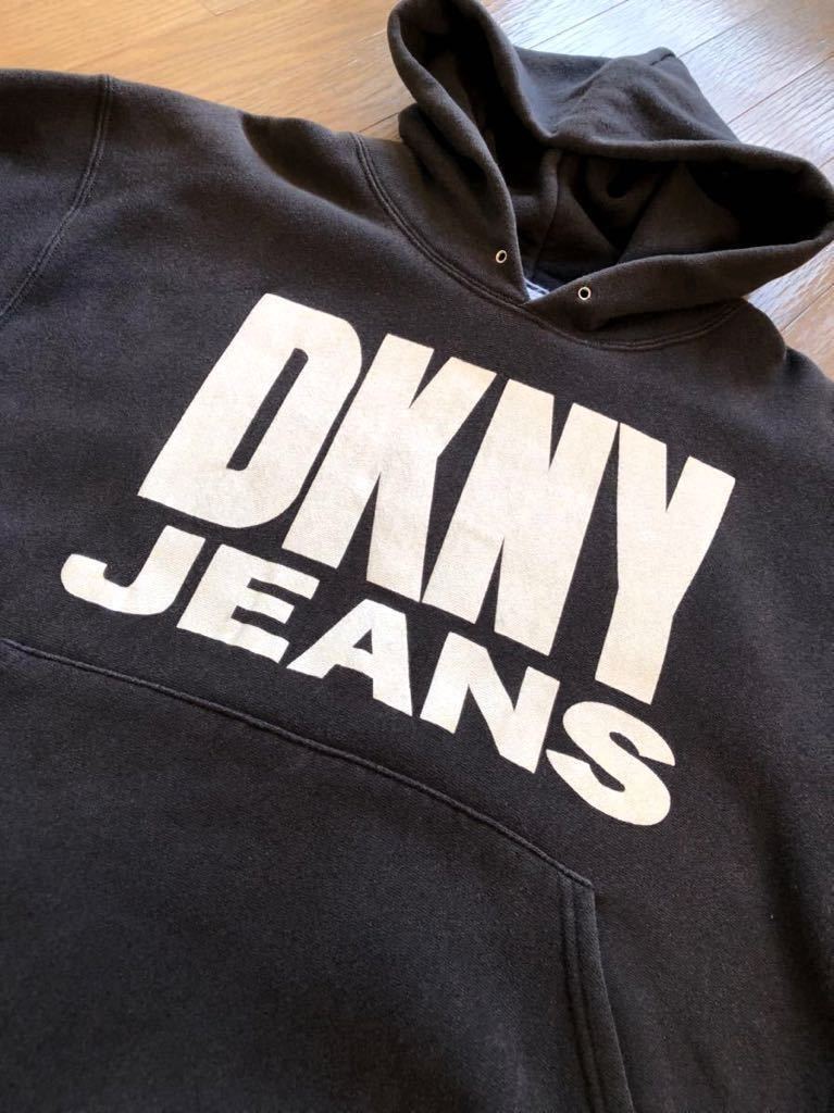 ☆★90s USA製 VINTAGE DKNY ダナキャラン ビッグロゴ プリント プルオーバー スウェットパーカー 黒 ブラック オールド ビンテージ☆★