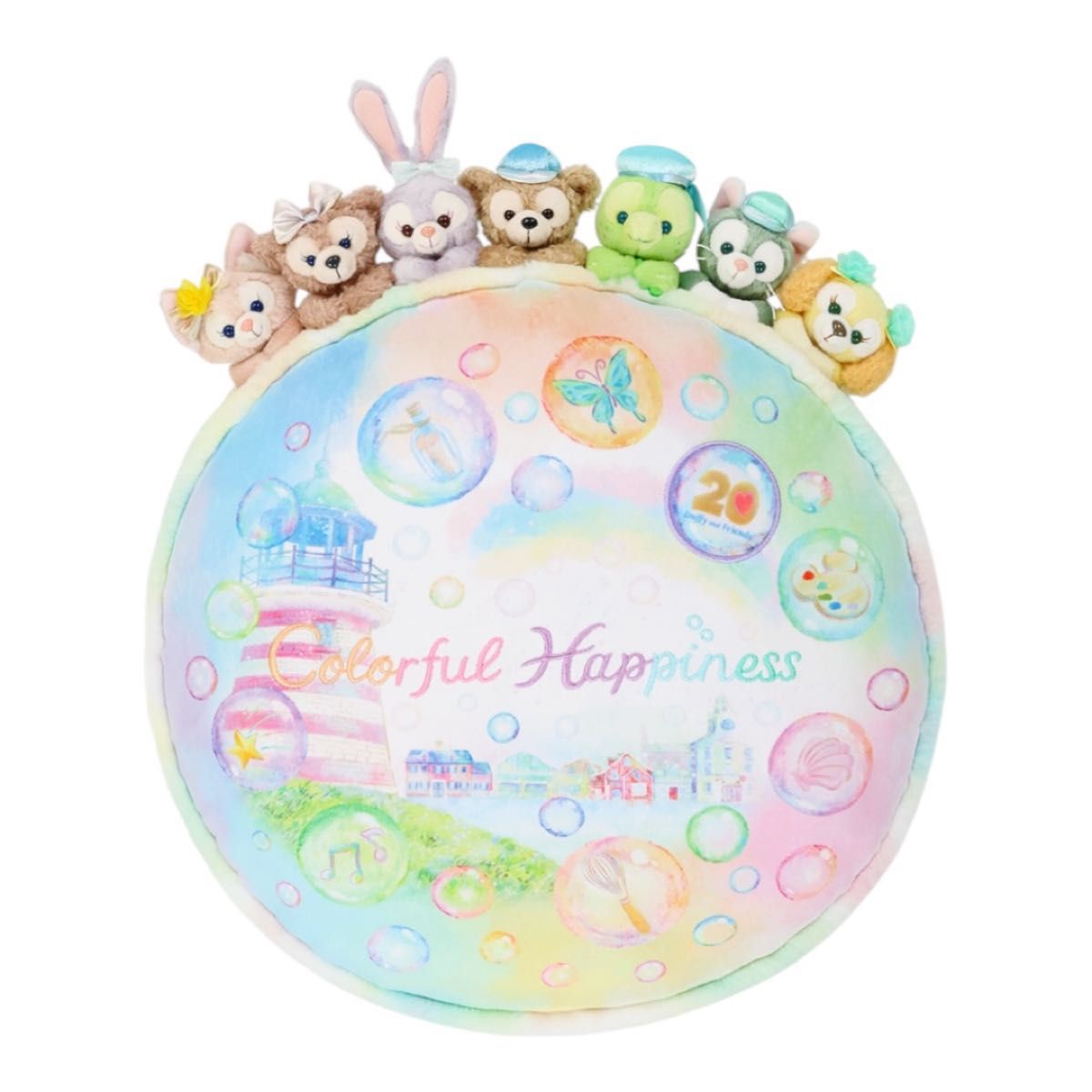 新品未使用タグ付き ダッフィーフレンズ カラフルハピネスクッション ダッフィー&フレンズ カラフルハピネス 20周年 クッション タグ