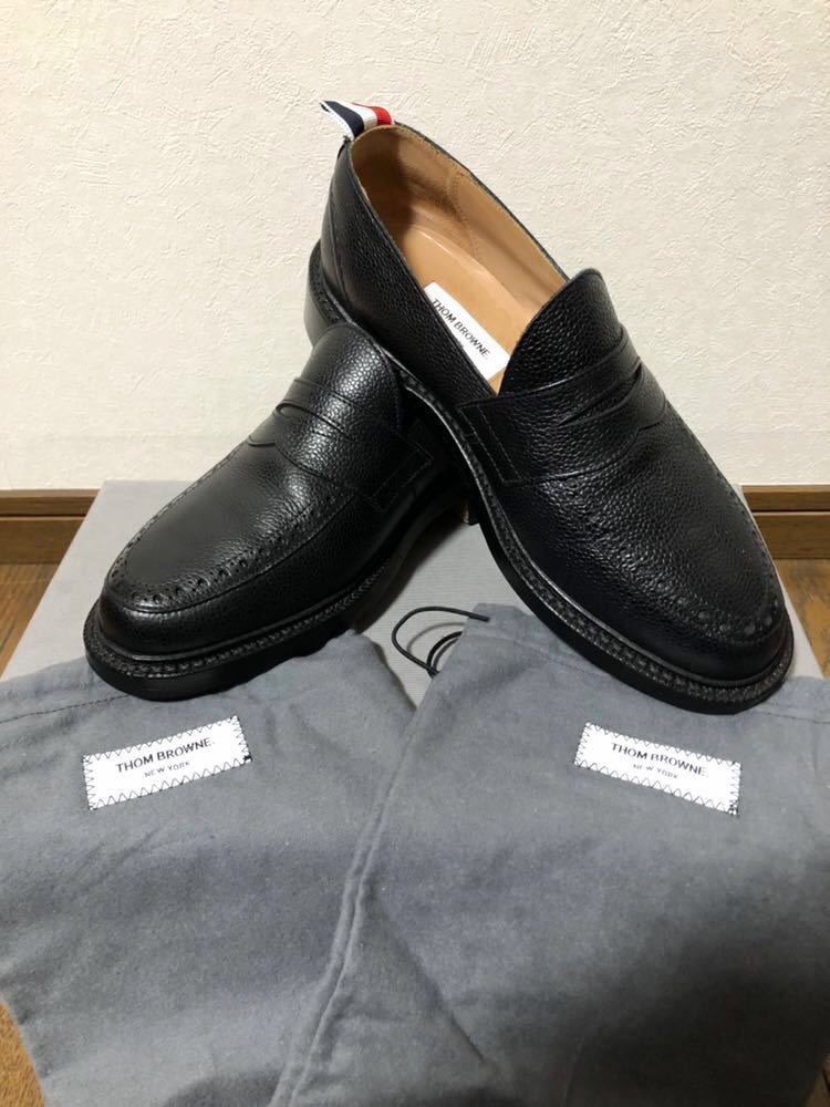 【美品】 THOM BROWNE トムブラウン 定番 ペニー ローファー レザーソール ブラック ペブルグレインレザー us 9 シューズ ブーツ