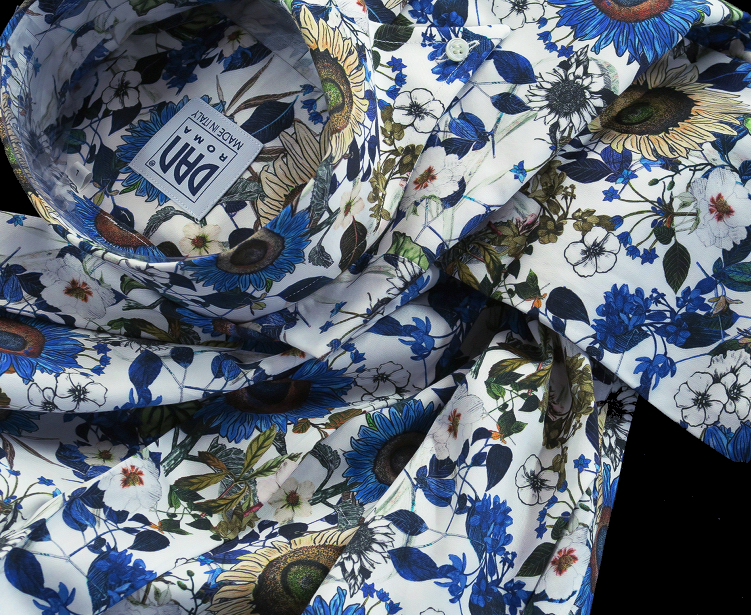 ★イタリアシャツ DANROMA ドゥエボットーニ limited Edition 642 Girasole 鮮やかな白に鮮烈に青く向日葵 S 38-89