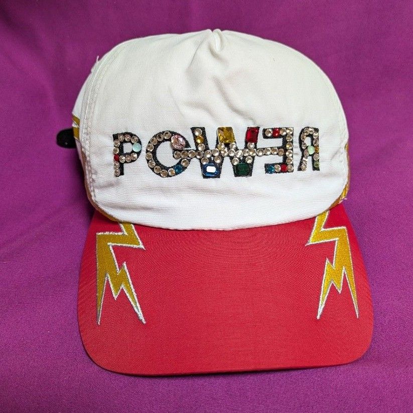 G-DRAGON POWER キャップ /赤白×稲妻 ビジュー付き帽子 イナズマ G-DRAGON POWER キャップ /赤白×稲妻 ビジュー付き帽子 イナズマ