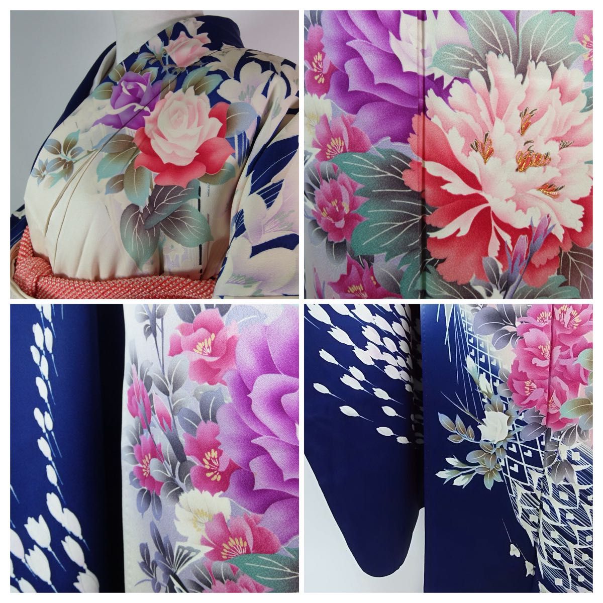 豪華 振袖 友禅 花文様 金駒刺繍 着物 正絹 アイボリー×紺色系 豪華 振袖 友禅 花文様 金駒刺繍 着物 正絹 アイボリー×紺色系