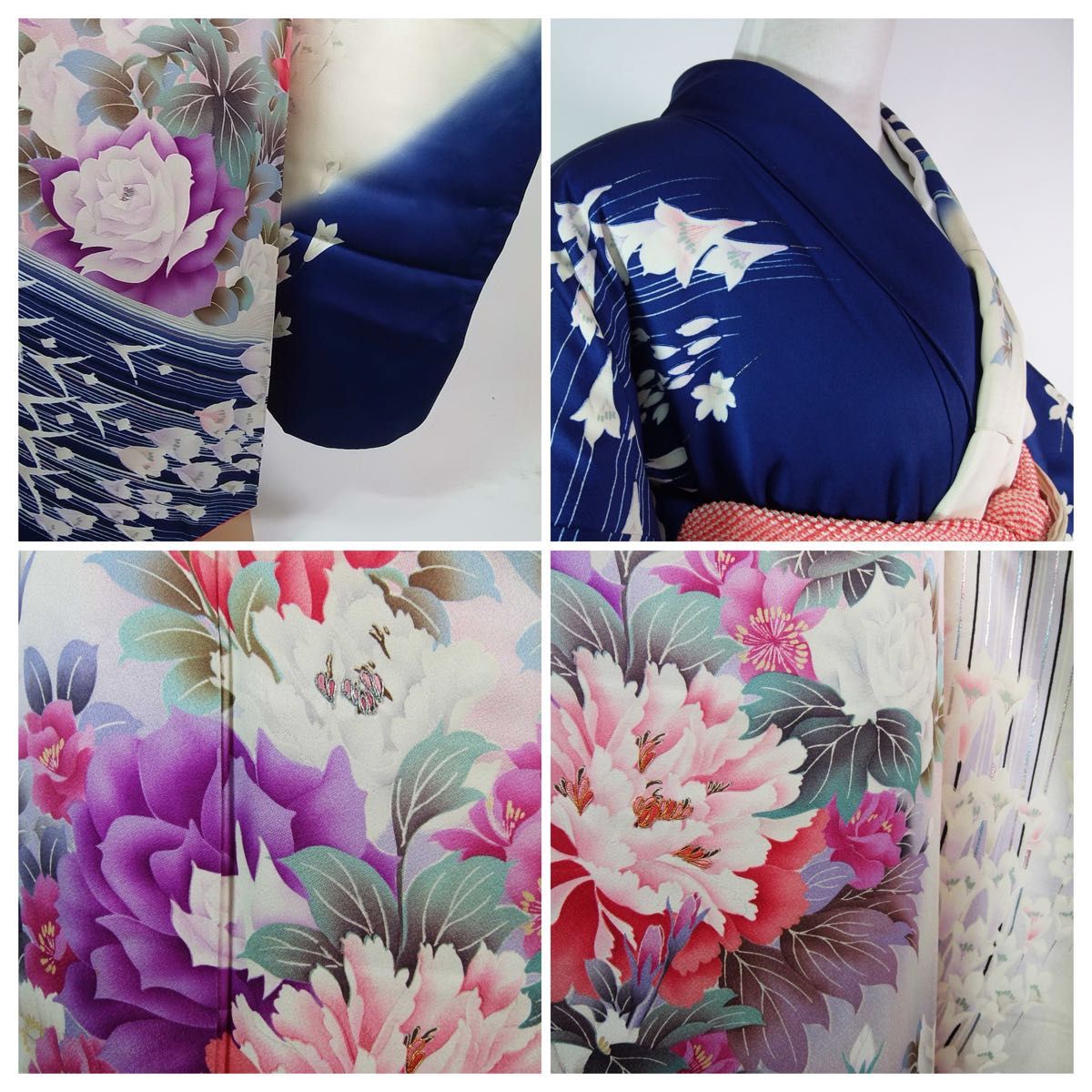 豪華 振袖 友禅 花文様 金駒刺繍 着物 正絹 アイボリー×紺色系 豪華 振袖 友禅 花文様 金駒刺繍 着物 正絹 アイボリー×紺色系
