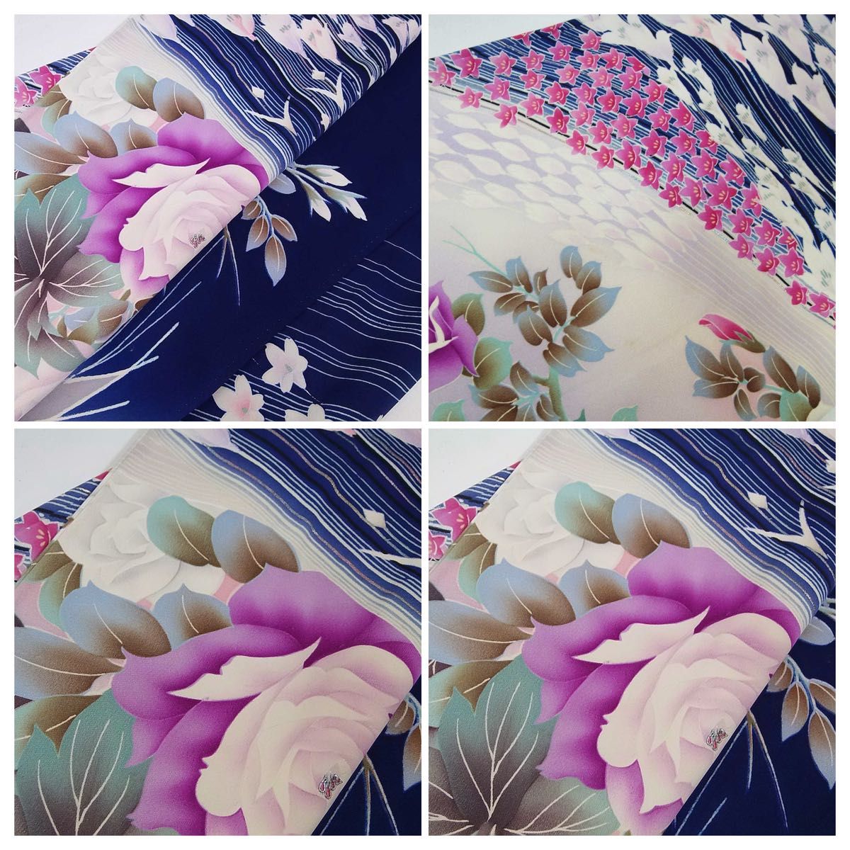 豪華 振袖 友禅 花文様 金駒刺繍 着物 正絹 アイボリー×紺色系 豪華 振袖 友禅 花文様 金駒刺繍 着物 正絹 アイボリー×紺色系