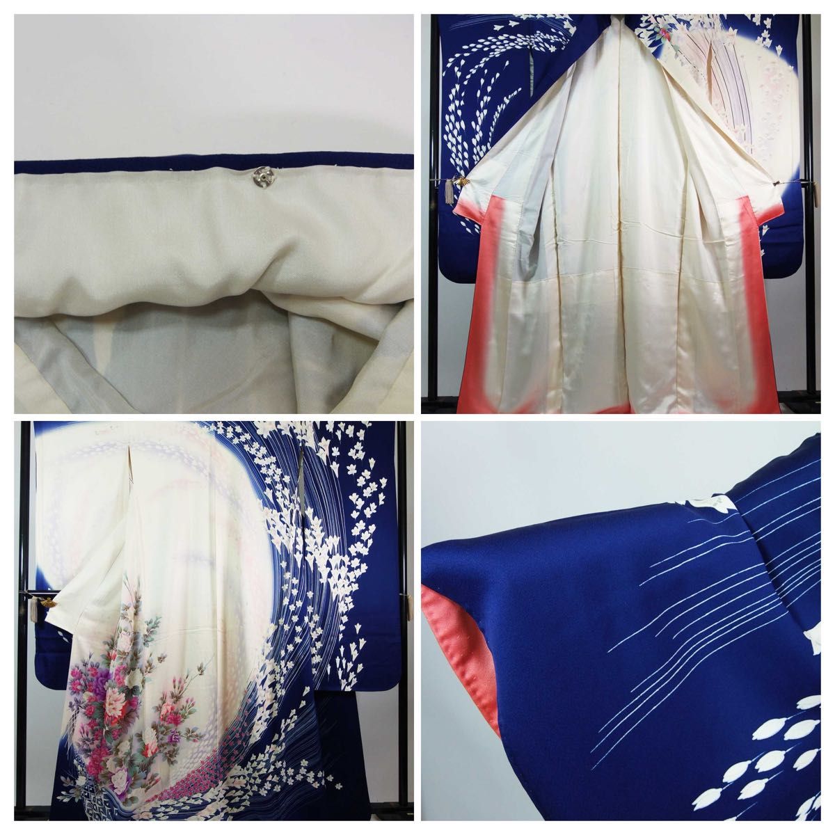 豪華 振袖 友禅 花文様 金駒刺繍 着物 正絹 アイボリー×紺色系 豪華 振袖 友禅 花文様 金駒刺繍 着物 正絹 アイボリー×紺色系