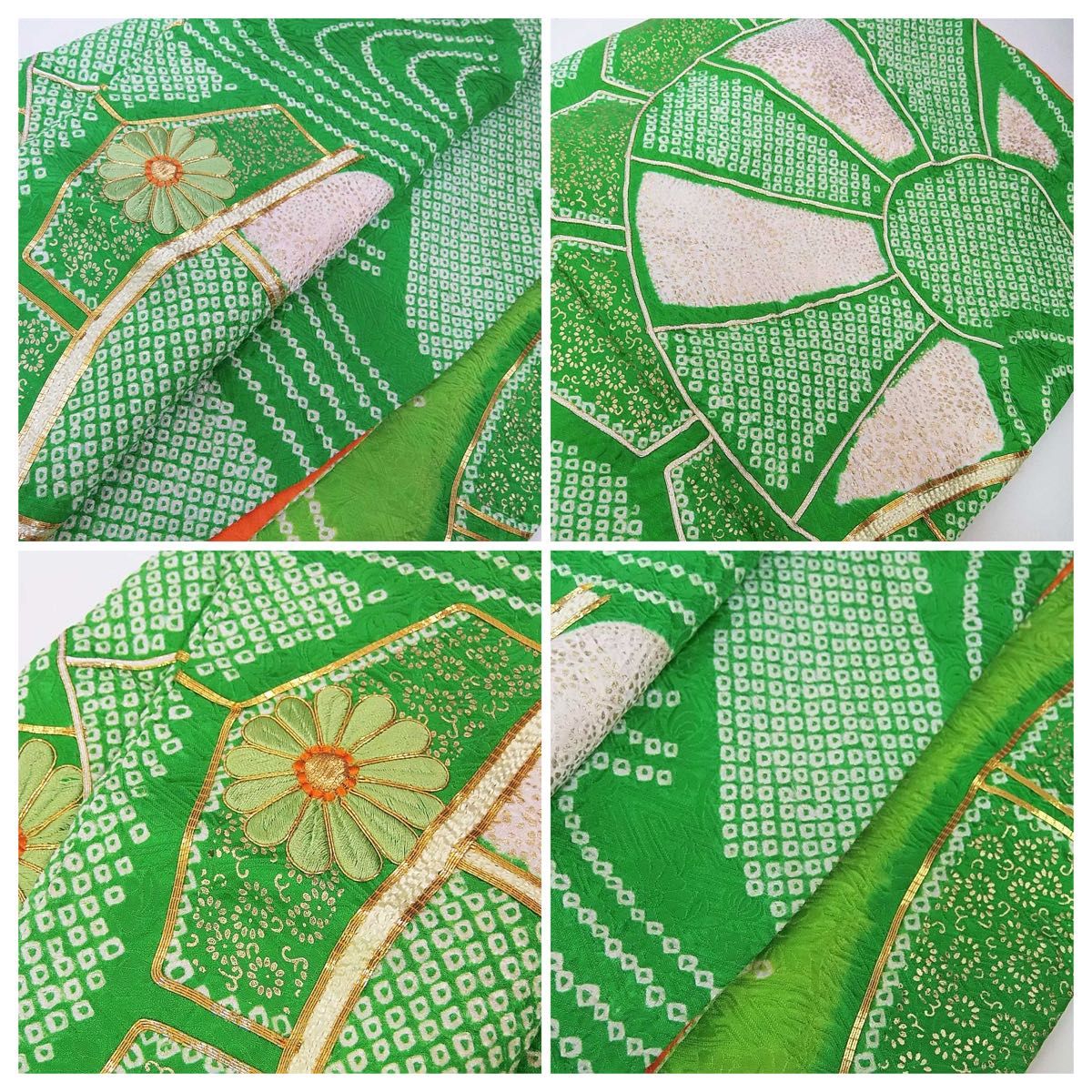豪華 振袖 鹿子絞り 源氏車文様 金彩 金駒刺繍 正絹 緑色系 やや 豪華 振袖 鹿子絞り 源氏車文様 金彩 金駒刺繍 正絹 緑色系 やや