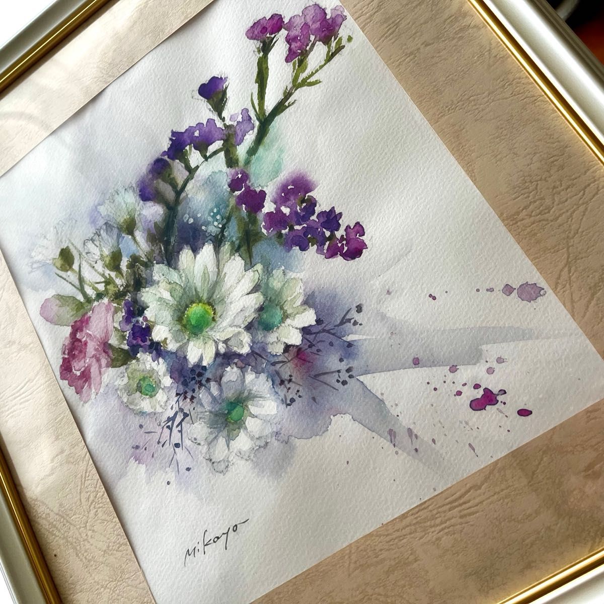 水彩画 原画 花 カーネーション 井上美香代 真作 絵画 勝負運 仕事運 恋愛運 水彩画 原画 花 フラワー画 井上美香代 真作 絵 絵画 手描き