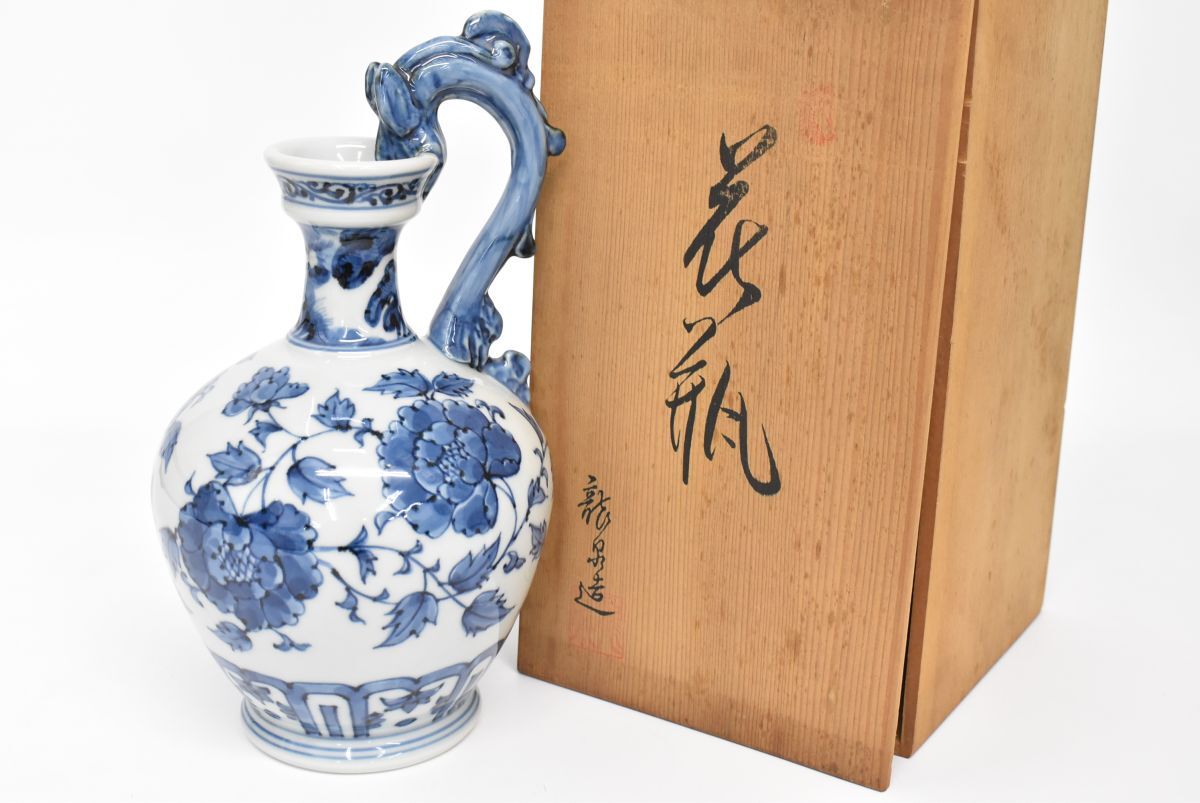 1126M 0415M13) 1円~ 瀬戸焼 旭窯 龍泉 花瓶 共箱 古染付 牡丹 1126M 0415M13) 1円~ 瀬戸焼 旭窯 龍泉 花瓶 共箱 古染付 牡丹