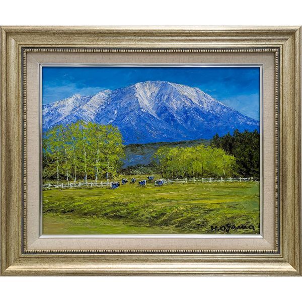 油彩画 F6号 小川久雄「岩手山を望む」 油絵 真筆 額入り 風景画