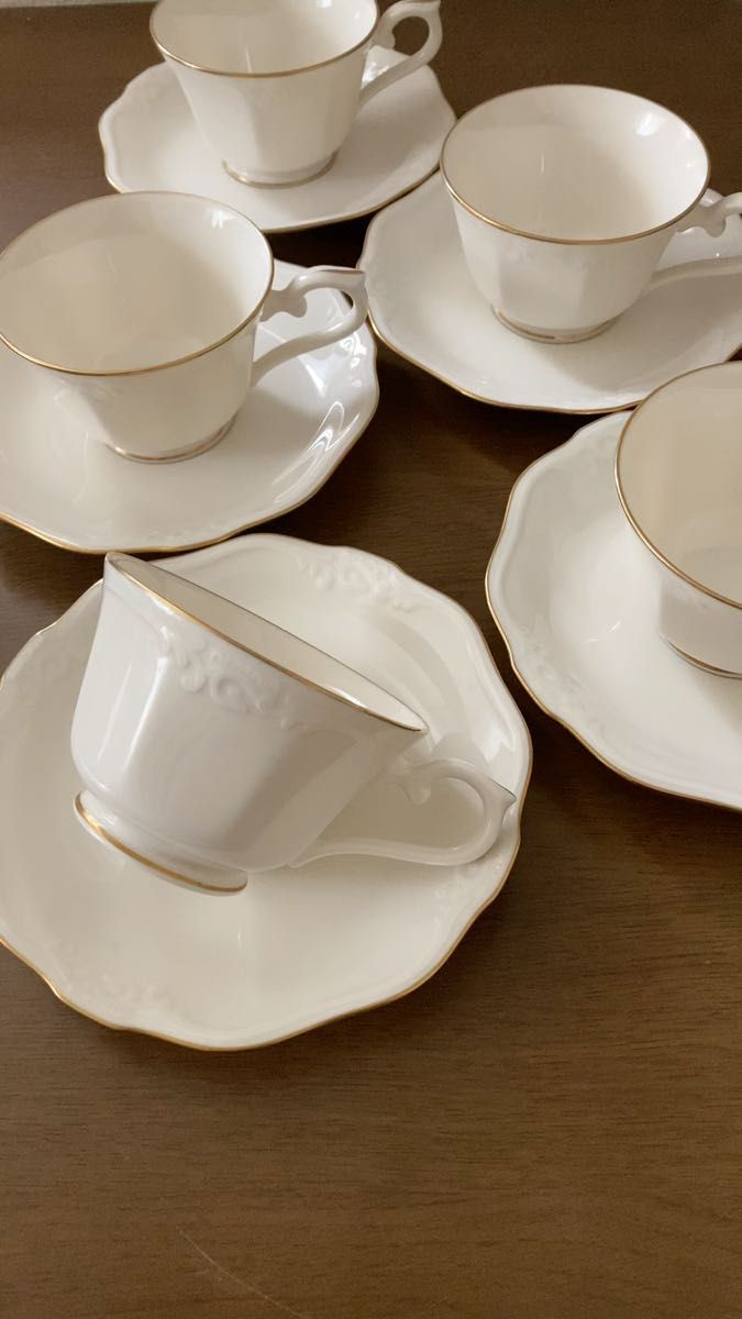 ノリタケ Noritake コンテンポラリー カップ&ソーサー 5客 シンプル 白×ゴールド