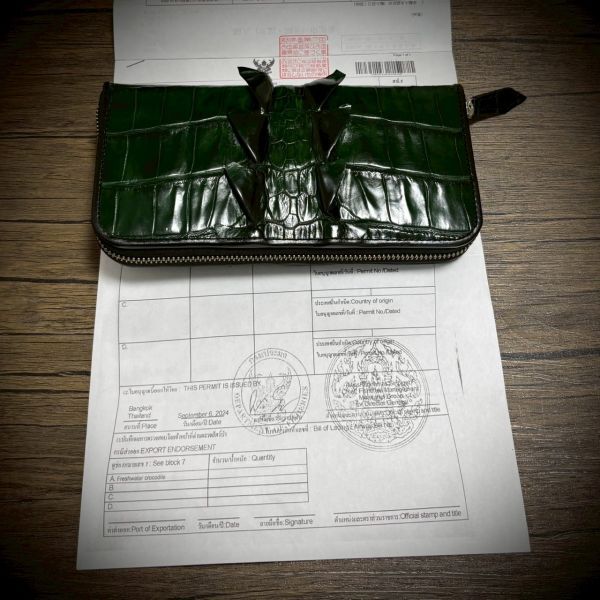 ※特別仕様 クロコダイル × パイソン レザー ホーンバッグ 長財布 テール 財布 メンズ カード15枚 証明付 一枚革 グリーン 緑