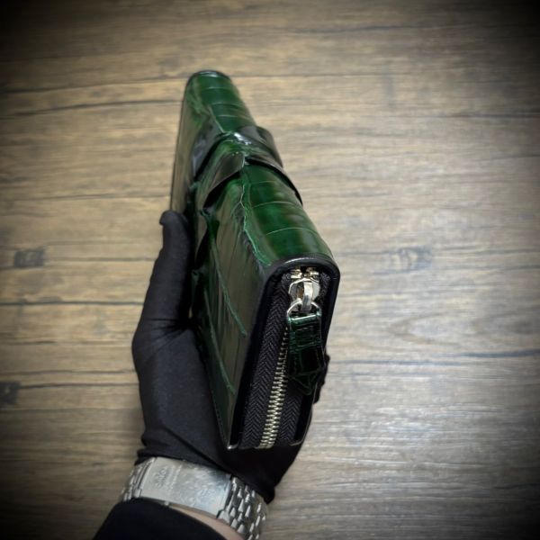※特別仕様 クロコダイル × パイソン レザー ホーンバッグ 長財布 テール 財布 メンズ カード15枚 証明付 一枚革 グリーン 緑