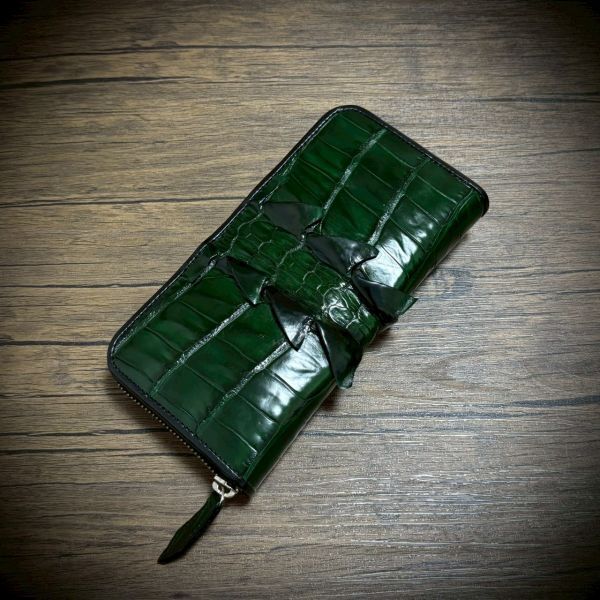 ※特別仕様 クロコダイル × パイソン レザー ホーンバッグ 長財布 テール 財布 メンズ カード15枚 証明付 一枚革 グリーン 緑
