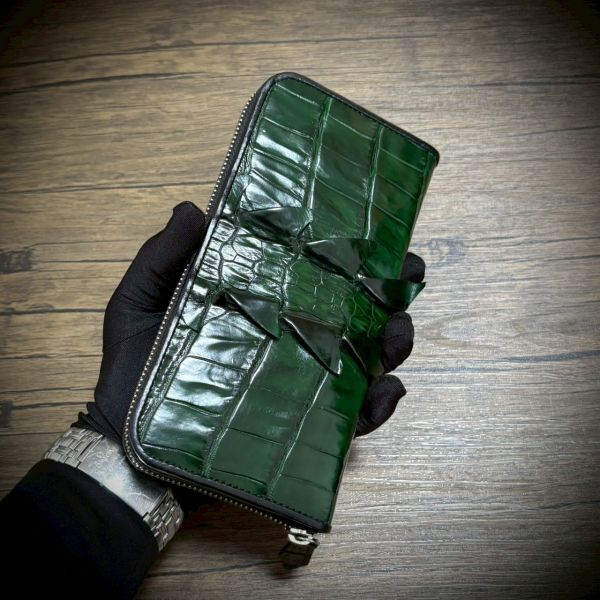 ※特別仕様 クロコダイル × パイソン レザー ホーンバッグ 長財布 テール 財布 メンズ カード15枚 証明付 一枚革 グリーン 緑