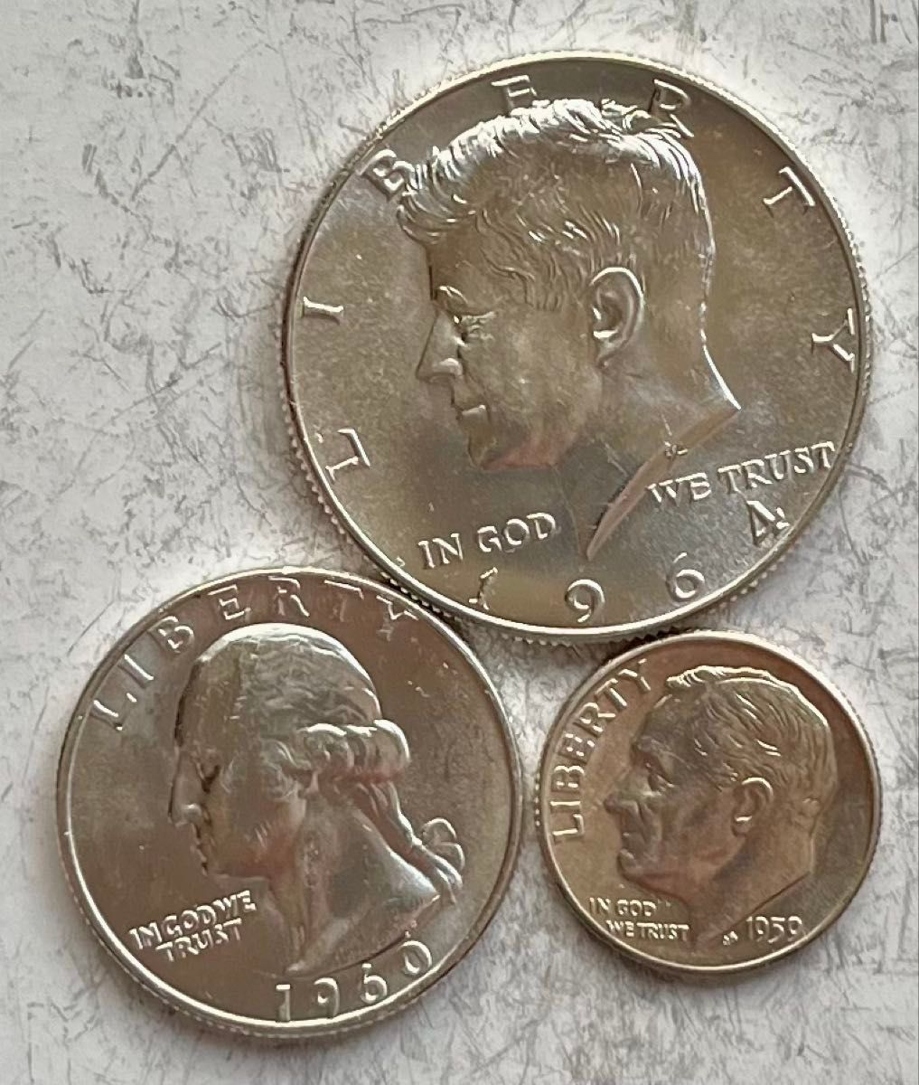 E585 1964年 ハーフダラー銀貨・ クオーター銀貨・ダイム銀貨 全3枚|Yahoo E585 1964年 ハーフダラー銀貨・ クオーター銀貨・ダイム銀貨 全3枚|Yahoo